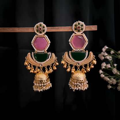 Kaviri Premium Kashmiri Brass Jhumka Ghungroo Earrings - Dark Green & Pink