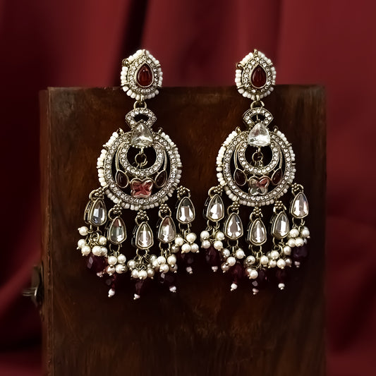 Athiya Kundan Pearl Premium Chandbali Earrings - Maroon