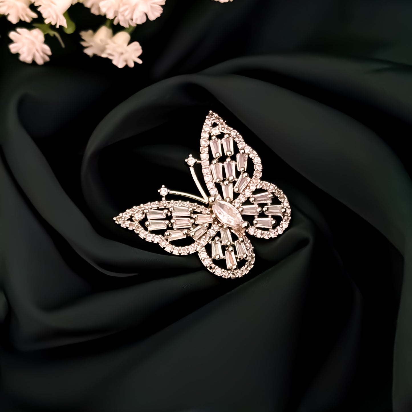 Butterfly American Diamond Silver Adjustable Ring