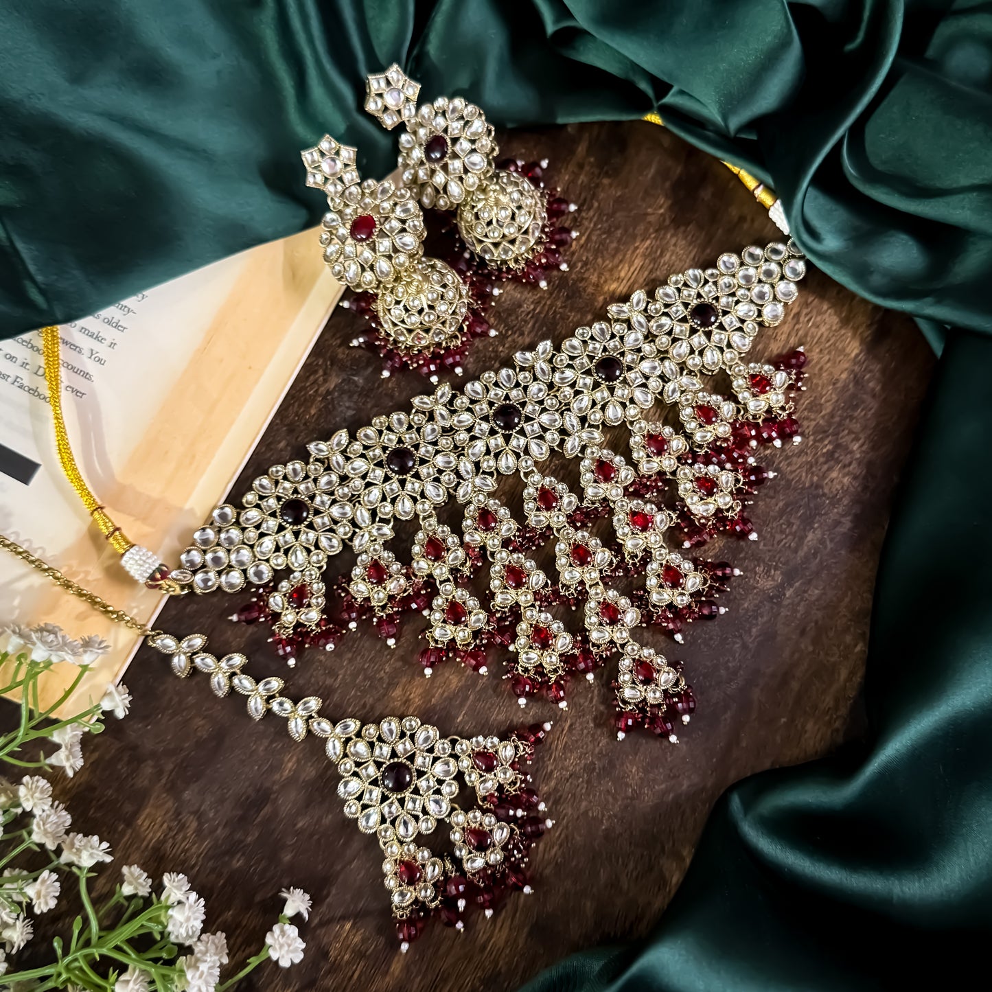 Shabana Premium Kundan Pearl Choker Necklace Set - Maroon