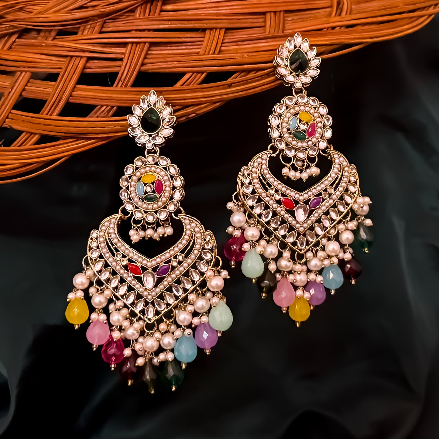 Shaba Jadau Kundan Chandbali Earrings - Multi