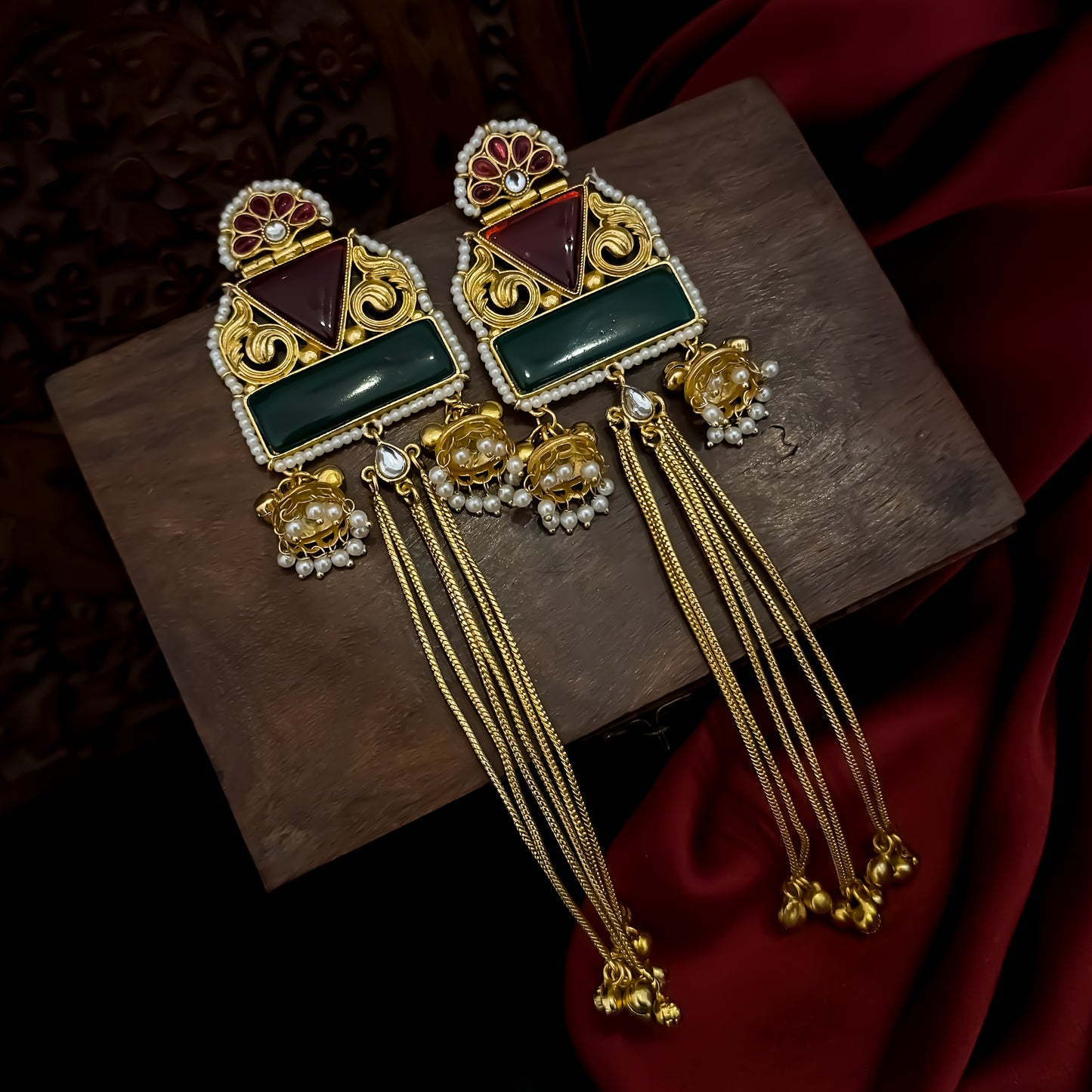 Jeenal Kashmiri Brass Ghungroo Earrings - Maroon & Green