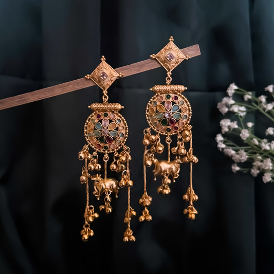 Malara Premium Kashmiri Brass Dejhoor Ghungroo Earrings - Golden & Multi