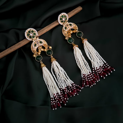 Janani Premium Pearl Drop Kashmiri Brass Ghungroo Earrings - Dark Green & Pink