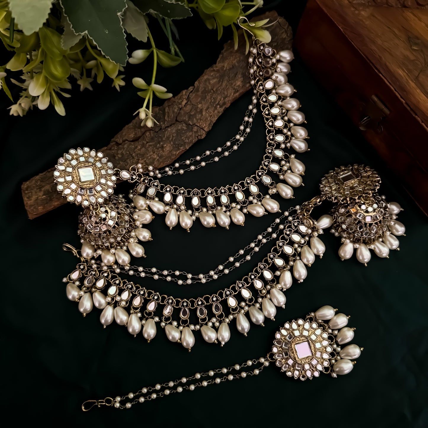 Masaba Mirror Jhumka Earrings with Sahara & Tika Set - Golden