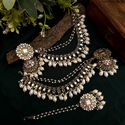 Masaba Mirror Jhumka Earrings with Sahara & Tika Set - Golden