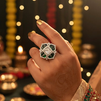 Shraddha Polki Premium Meenakari Adjustable Ring - Green
