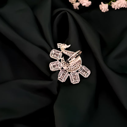 Pretty Peacock American Diamond Silver Adjustable Ring