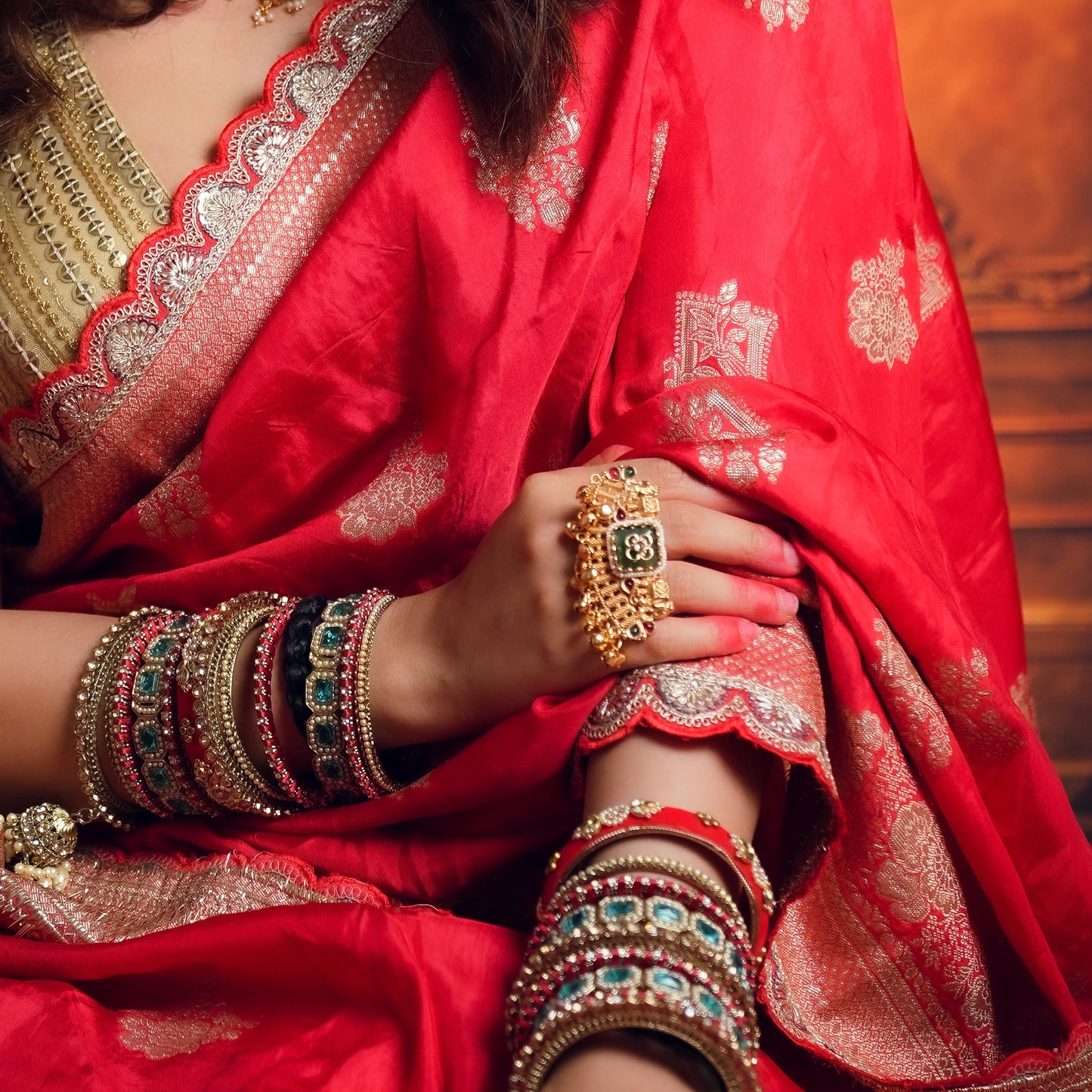 Zaina Premium Kashmiri Double Finger Adjustable Ring - Pink & Green