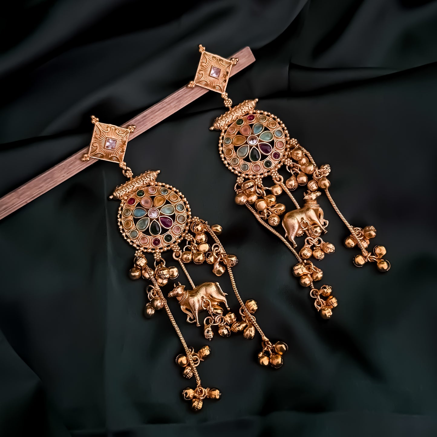 Malara Premium Kashmiri Brass Dejhoor Ghungroo Earrings - Golden & Multi