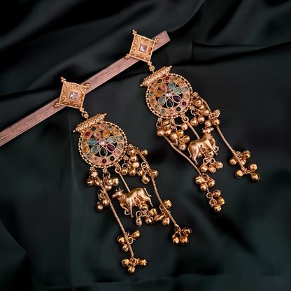 Malara Premium Kashmiri Brass Dejhoor Ghungroo Earrings - Golden & Multi