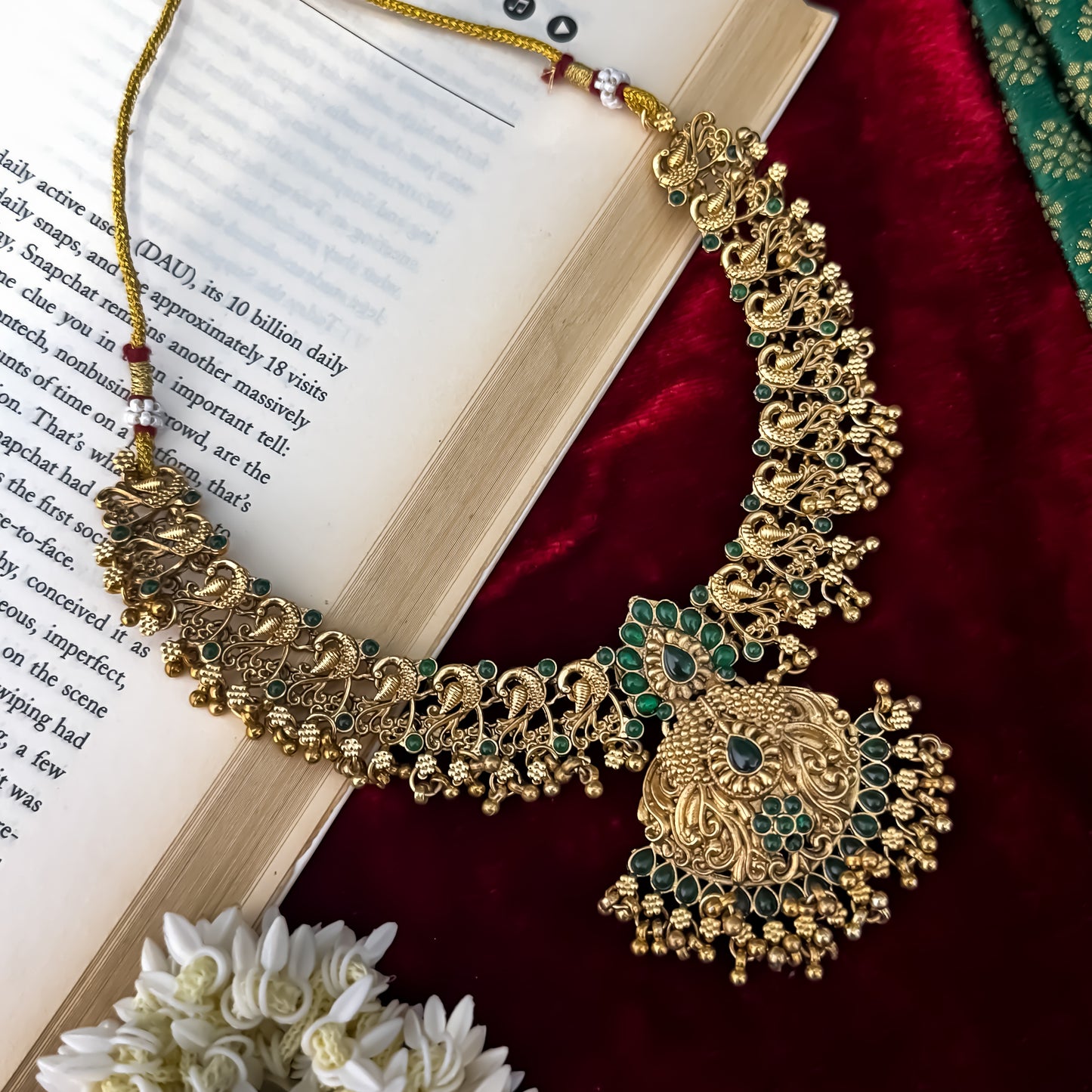 Nyra Peacock Temple Necklace Set - Gold & Green