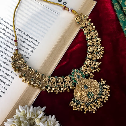 Nyra Peacock Temple Necklace Set - Gold & Green
