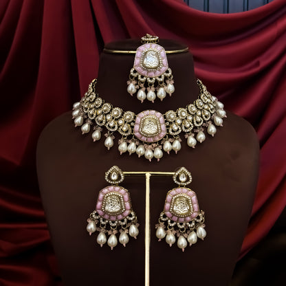 Tanishka Polki Premium Necklace Set - Baby Pink