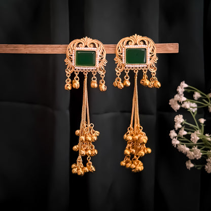Kuntala Premium Kashmiri Brass Dejhoor Ghungroo Earrings - Golden & Green