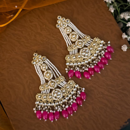 Pink Kinza Kundan Pearl Chandbali Earrings