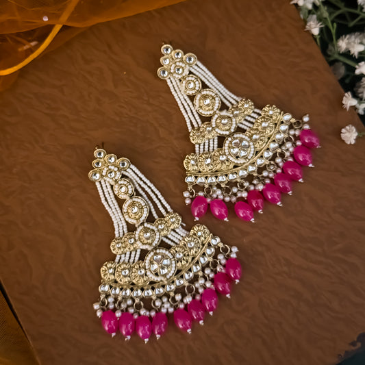 Pink Kinza Kundan Pearl Chandbali Earrings