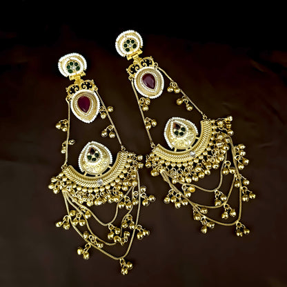 Tarika Kashmiri Brass Ghungroo Chandbali Earrings - Pink & Green