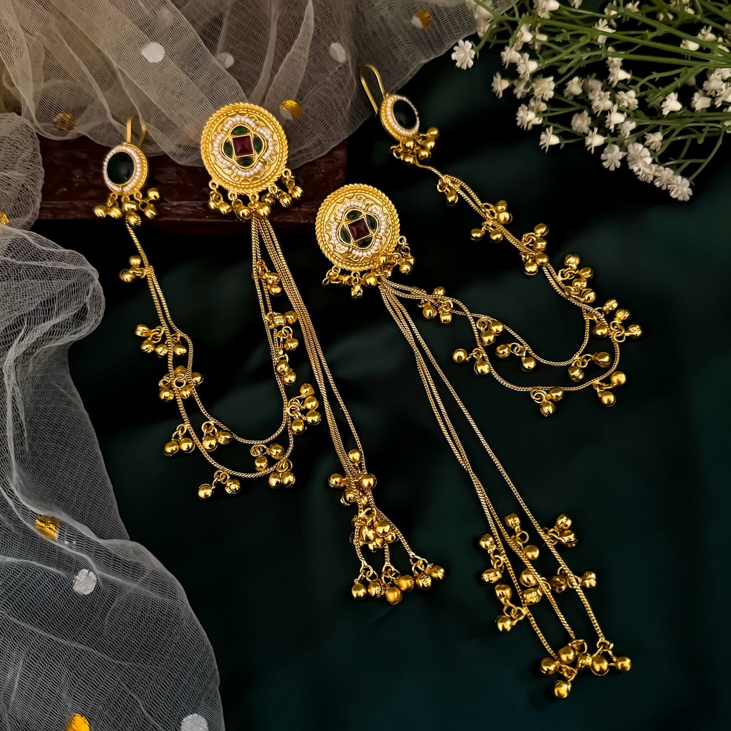 Shazia Premium Kashmiri Brass Ghungroo Earrings with Sahara/Earchains - Pink & Green