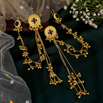 Shazia Premium Kashmiri Brass Ghungroo Earrings with Sahara/Earchains - Pink & Green