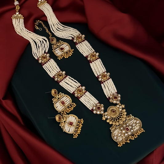 Kinjal Rajwadi Matte Polish Long Necklace Set - Pink