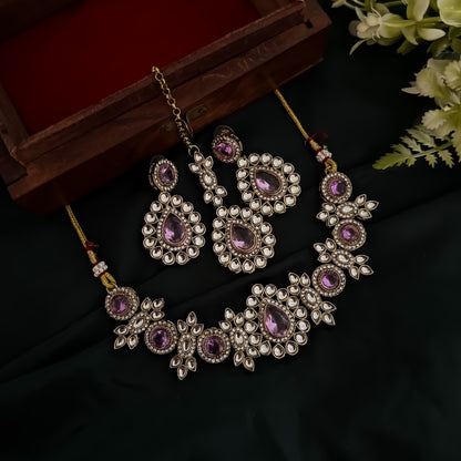 Israt Kundan Necklace Set - Lavender