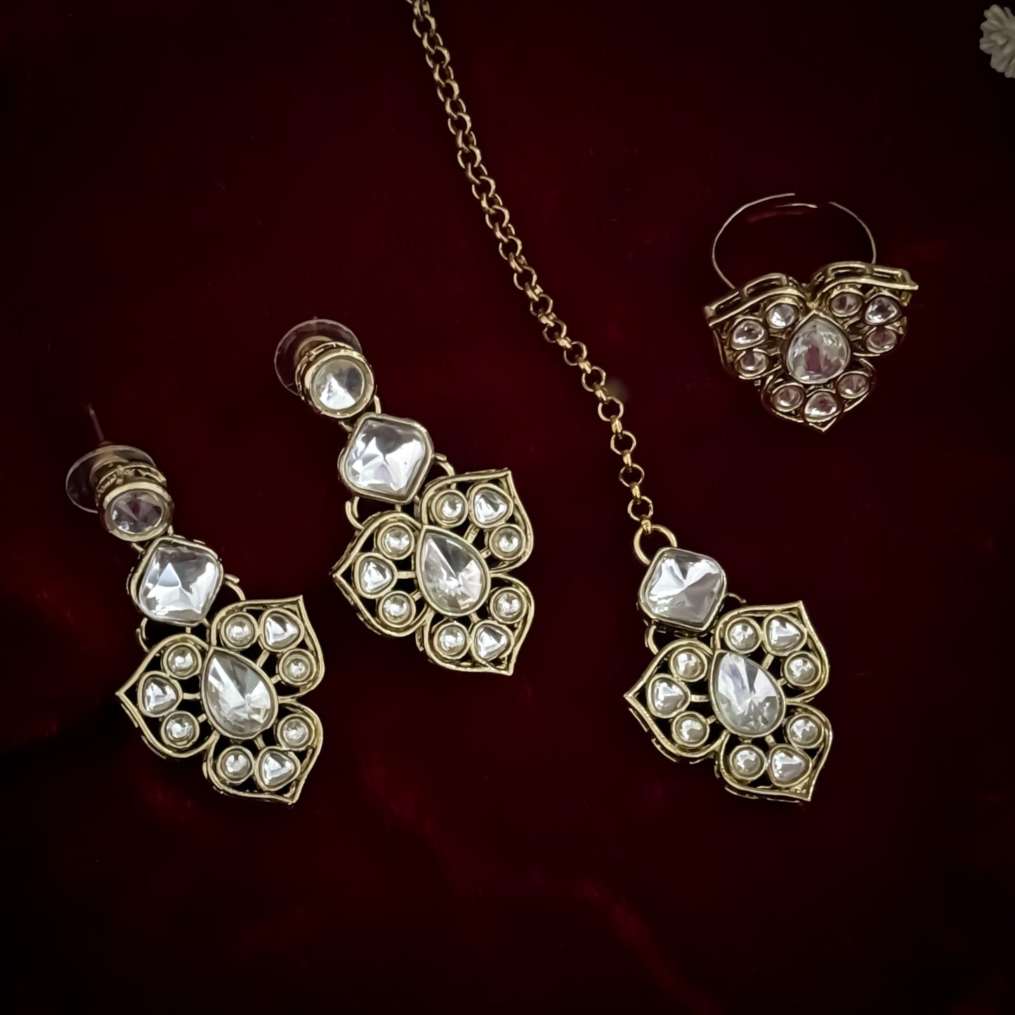 Jubair premium double layer golden zircon kundan necklace set featuring clear square and teardrop stones large pendant matching earrings maang tikka and ring