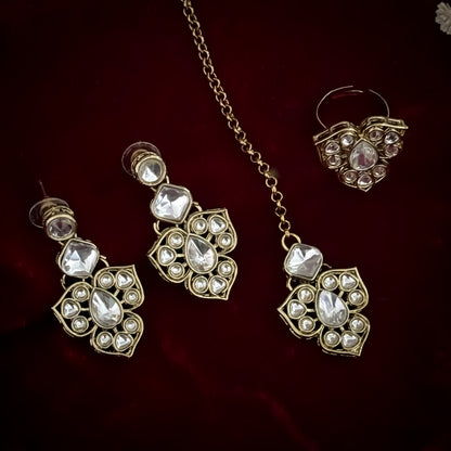 Jubair premium double layer golden zircon kundan necklace set featuring clear square and teardrop stones large pendant matching earrings maang tikka and ring