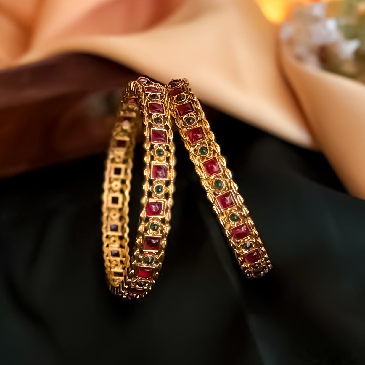 Madhavi Temple Gold Bangles with Ruby Stones - Pink (Set of 2)