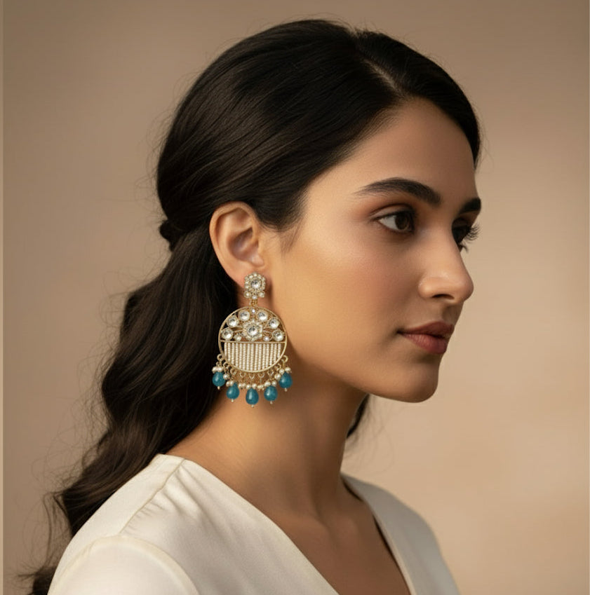 Adah Pearl Kundan Chandbali Earrings - Peacock Blue