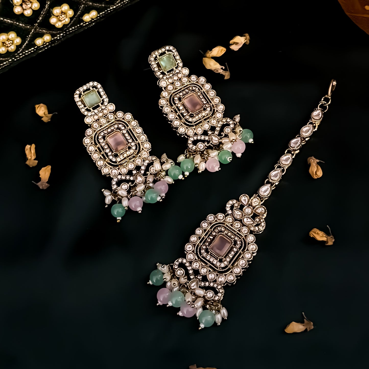 Shipra Premium Victorian AD Style Necklace Set - Pastel Pink & Pastel Green