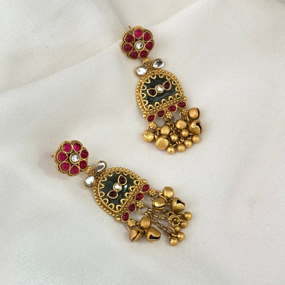 Shrinkhla Fusion Rajwadi Kashmiri Brass Ghungroo Chandbali Earrings - Pink & Green