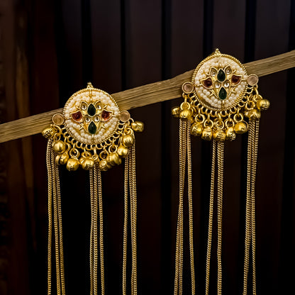 Nida Kashmiri Brass Ghungroo Earrings - Pink & Green