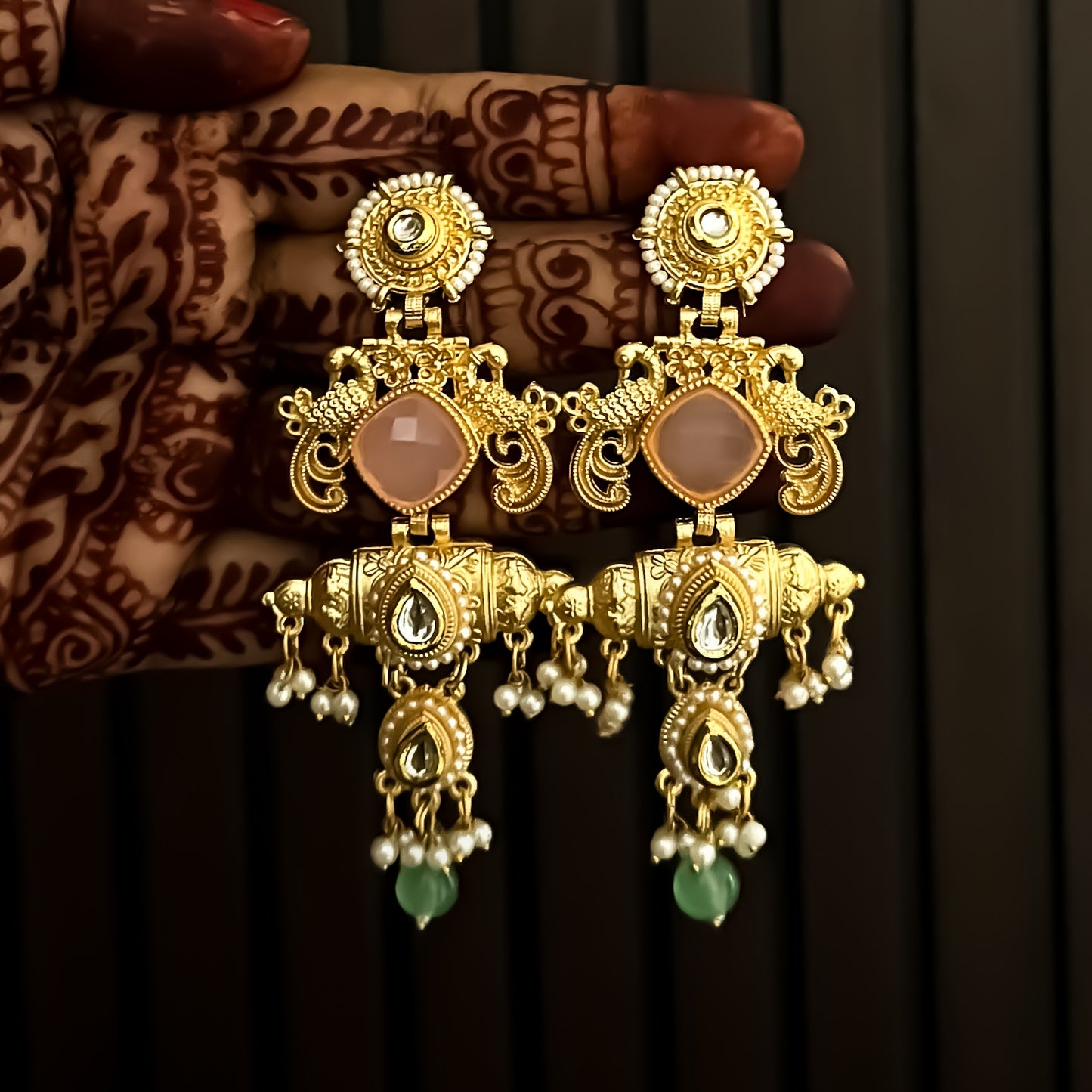 Shahana Kashmiri Matte Brass Ghungroo Earrings - Pastel Pink & Green