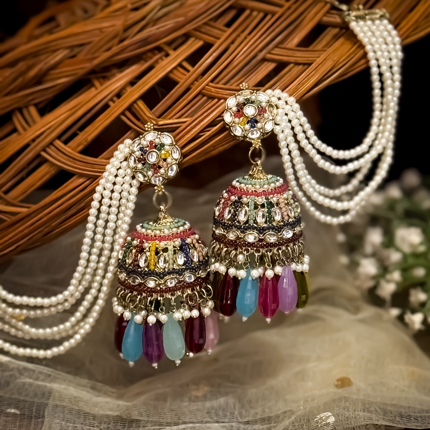 Mehvish Jadau Reverse AD Jhumka Earrings with Earchain - Multi