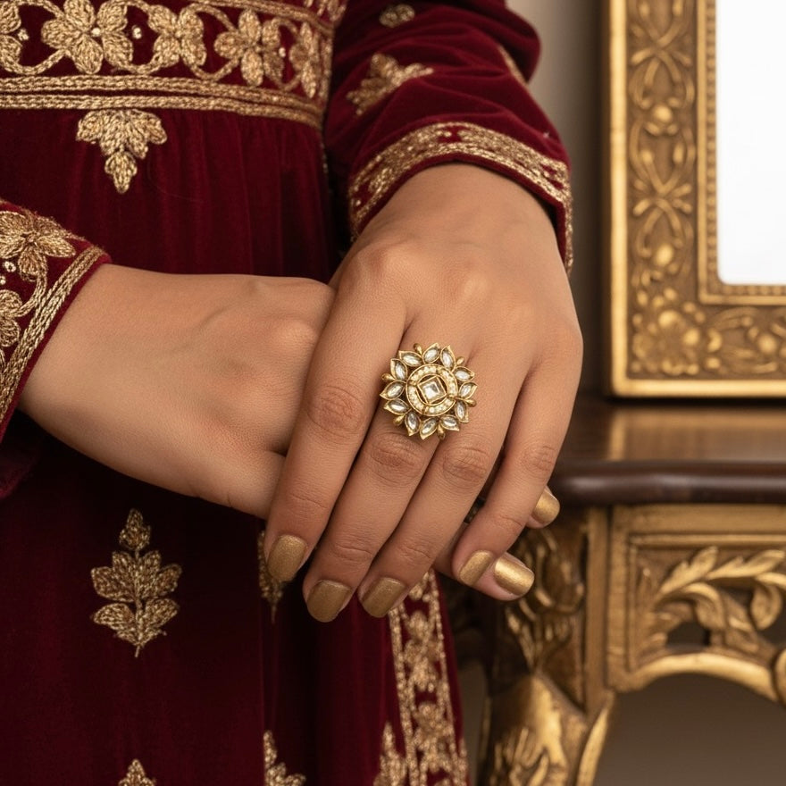 Taniska Dabi Kundan Adjustable Golden Ring