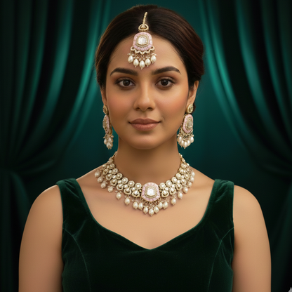 Tanishka Polki Premium Necklace Set - Baby Pink