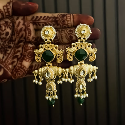 Shahana Kashmiri Matte Brass Ghungroo Earrings - Green
