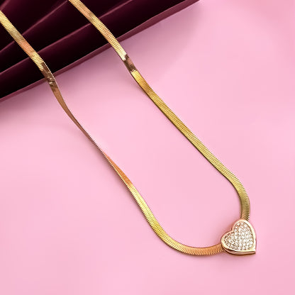 Luna 18K Gold Plated AntiTarnish Snake Chain with Heart Golden AD Pendant