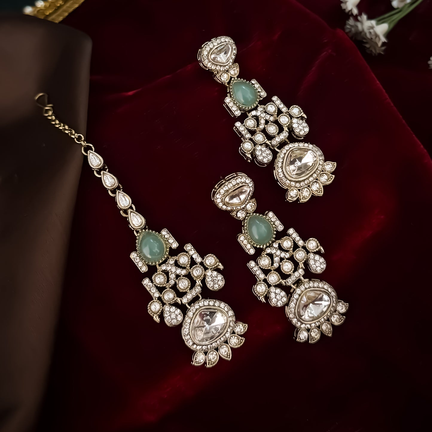 Jehana Premium Polki Lookalike Necklace Set - Pastel Pink & Green
