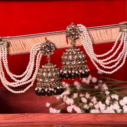 Mehvish Jadau Reverse AD Jhumka Earrings with Earchain - Mehendi Green