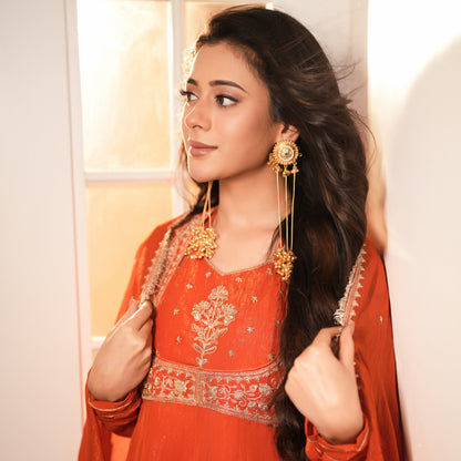 Oorja Kashmiri Brass Dejhoor Ghungroo Jhumka Earrings - Golden