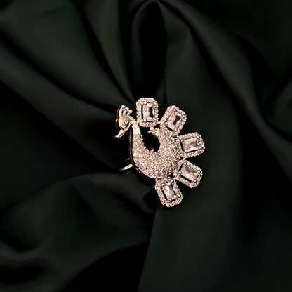 Pretty Peacock American Diamond Silver Adjustable Ring