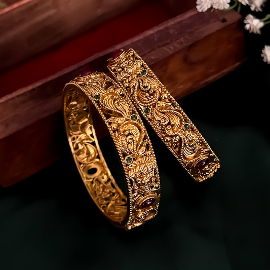 Padmini Peacock Temple Gold Bangles - Set of 2 (Golden)