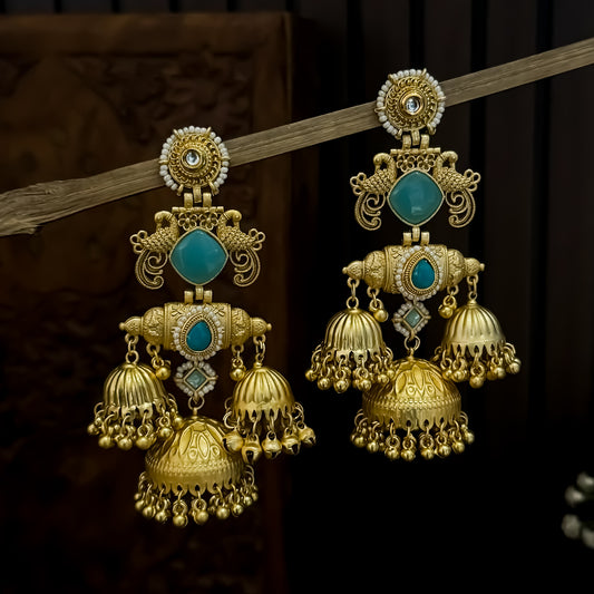 Falak Premium Kashmiri Matte Polish Jhumka Earrings - Turquoise