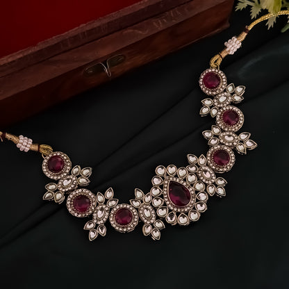 Israt Kundan Necklace Set - Wine