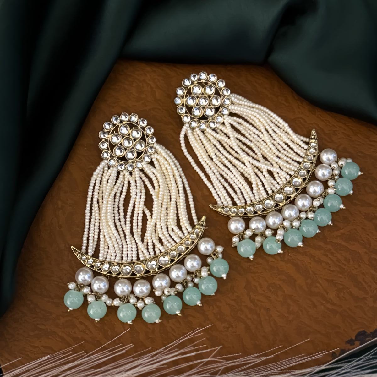 Pastel Green Nikhat Kundan Pearl Chandbali Earrings