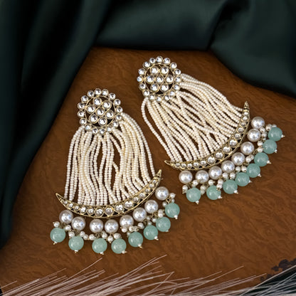Pastel Green Nikhat Kundan Pearl Chandbali Earrings