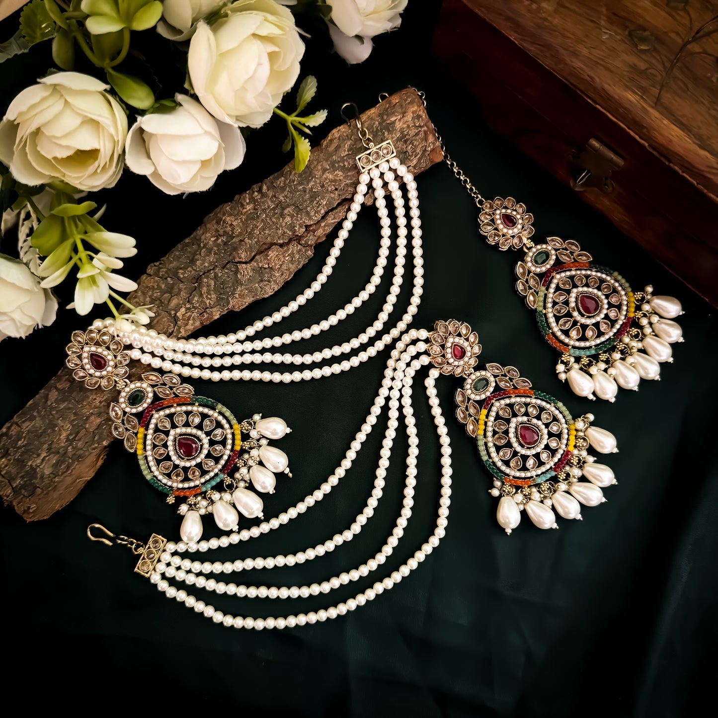 Kanika Jadau Chandbali Sahara Earrings & Mangtika Set - Multi