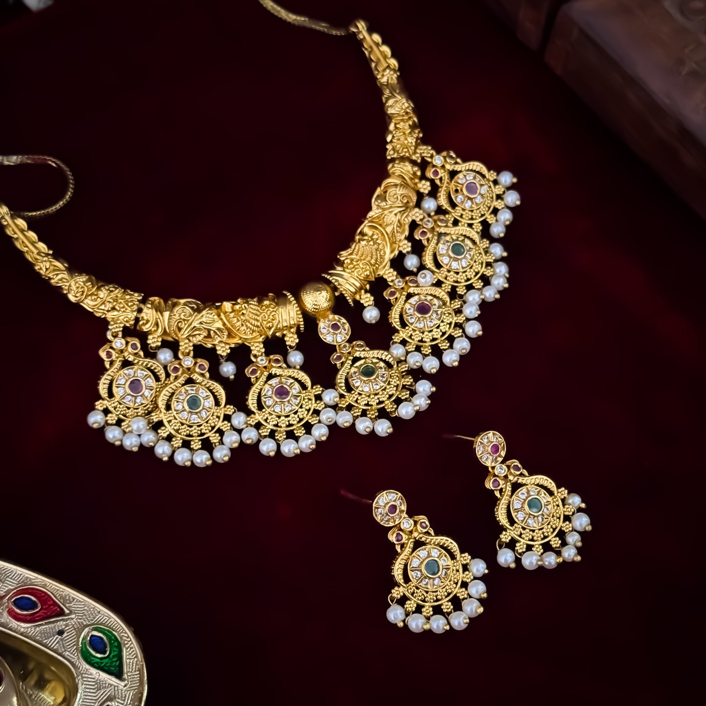 Amrutha Premium Hasli Temple AD Necklace Set - Golden